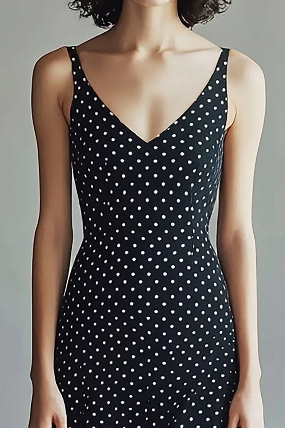Chiffon Straps Black and White Maxi A Line Polka Dot Dress