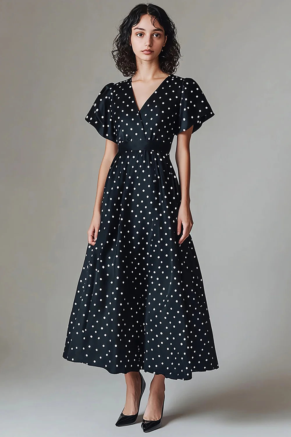 V-Neck Black and White Maxi Satin A Line Polka Dot Dress