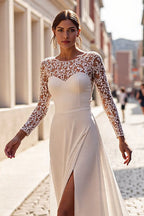 Ivory Illusion Neck Chiffon Long Wedding Dress with Slit