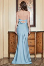 Grey Blue Strapless Sheath Long Prom Dress