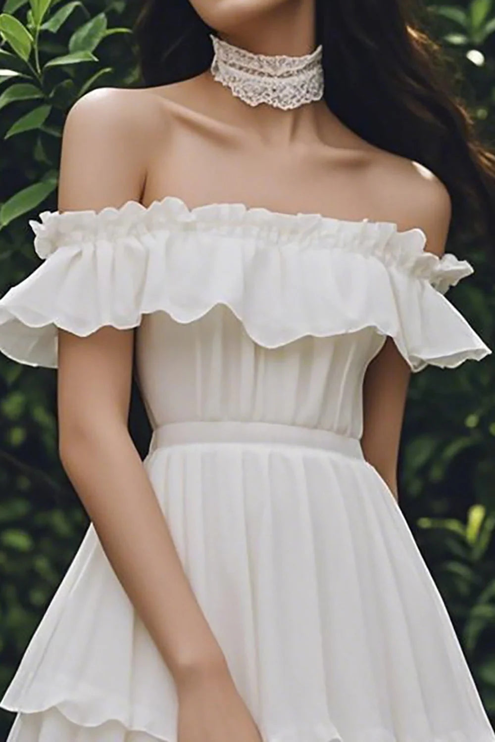 Ivory Chiffon Short A Line Off the Shoulder Graduation Dress with Ruffles