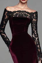 Burgundy Velvet Mermaid Long Sleeves Holiday Party Dress with Lace