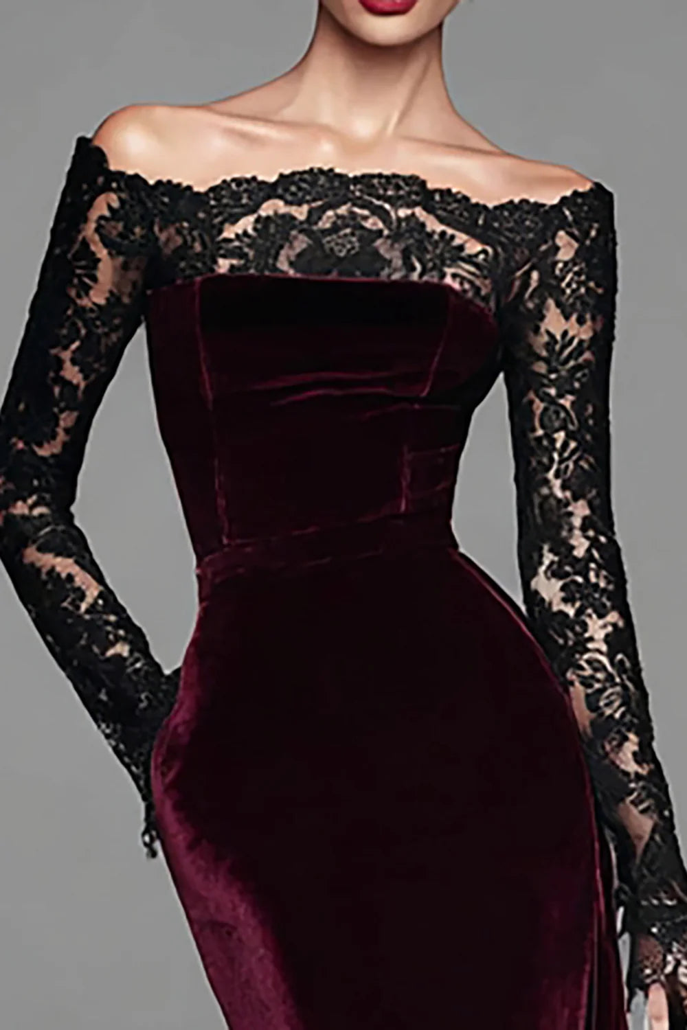 Burgundy Velvet Mermaid Long Sleeves Holiday Party Dress with Lace