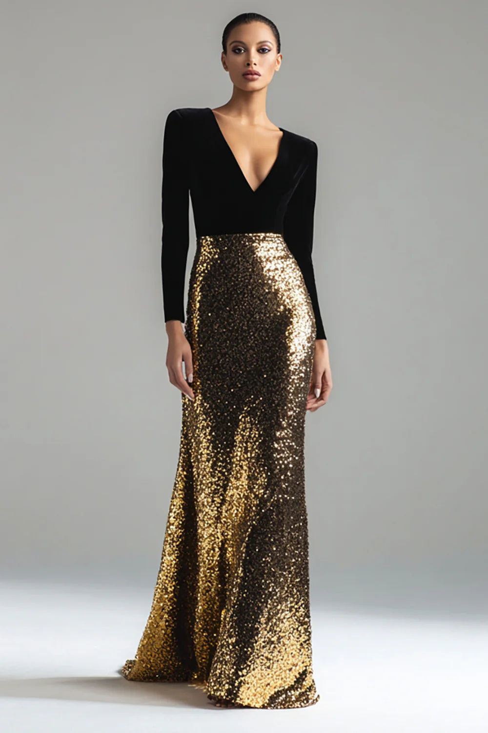 Sparkly Gold and Black Velvet V-Neck Long Holiday Party Dress with Sleeves