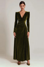 Olive Velvet A Line V-Neck Long Holiday Party Dress with Sleeves