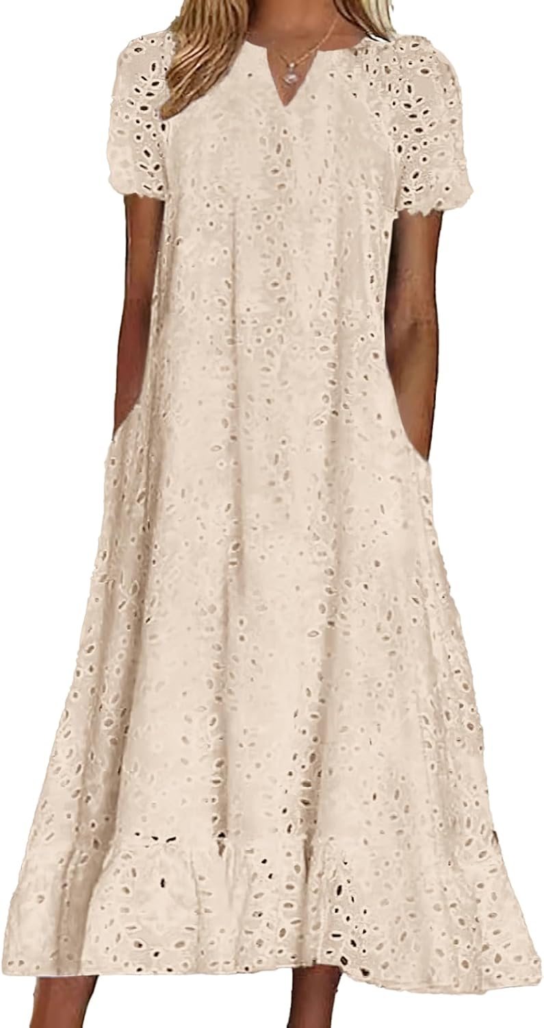 chouyatou Women Summer Ruffle Hem Floral Lace Eyelet Dress Casual Notch Neck Midi Tunic Dress with Pocket