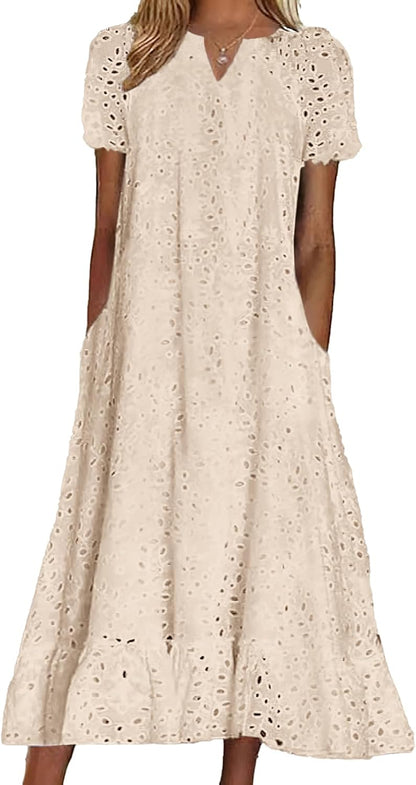 chouyatou Women Summer Ruffle Hem Floral Lace Eyelet Dress Casual Notch Neck Midi Tunic Dress with Pocket