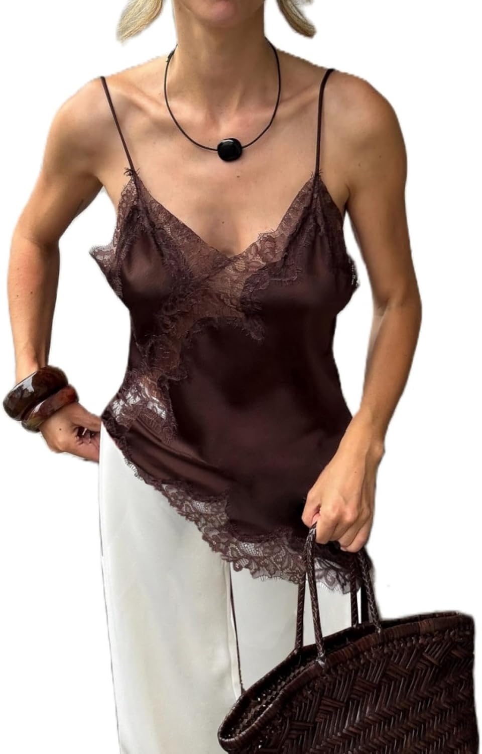 Women Satin Lace Camisole Top Sleeveless Spaghetti Strap Silk Lace Trim Cami Top Asymmetrical Tank Top Streewear