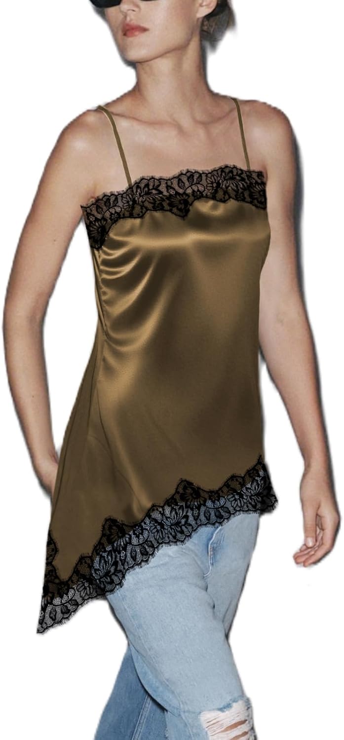 Women Satin Lace Camisole Top Sleeveless Spaghetti Strap Silk Lace Trim Cami Top Asymmetrical Tank Top Streewear