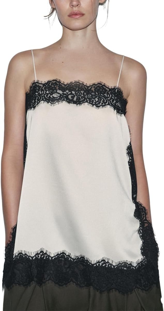 Women Satin Lace Camisole Top Sleeveless Spaghetti Strap Silk Lace Trim Cami Top Asymmetrical Tank Top Streewear