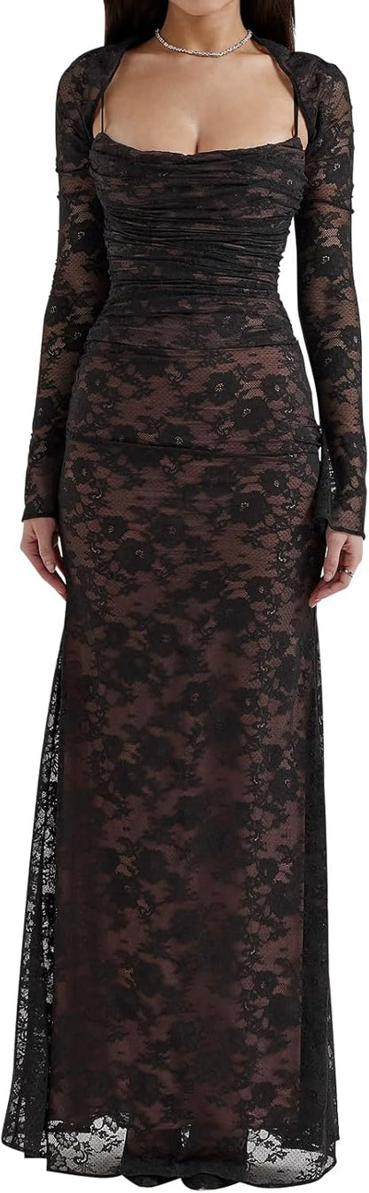 Women Vintage Cream Lace Maxi Dress Romantic Long Sleevees Lace Bodycon Dress
