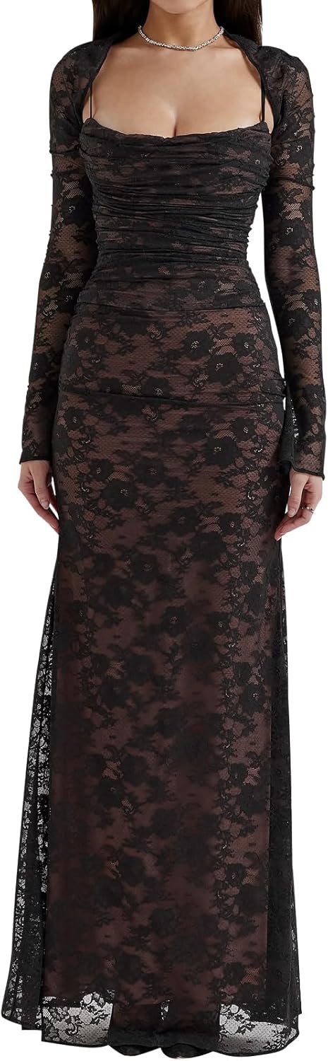 Women Vintage Cream Lace Maxi Dress Romantic Long Sleevees Lace Bodycon Dress