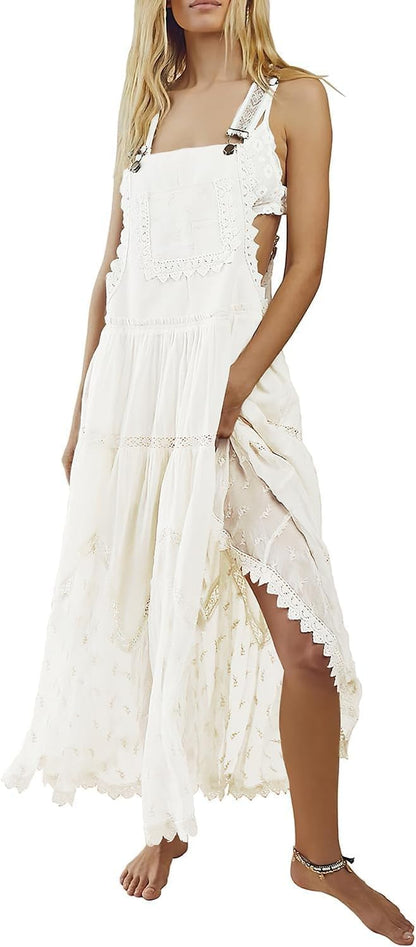 ebossy Women's Laced Embroidered Tulle Bib Dress Casual Loose Adjustable Straps Maxi Dress