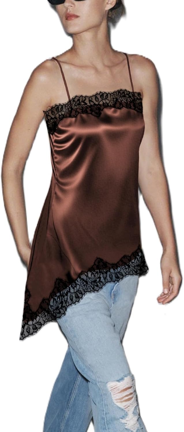 Women Satin Lace Camisole Top Sleeveless Spaghetti Strap Silk Lace Trim Cami Top Asymmetrical Tank Top Streewear
