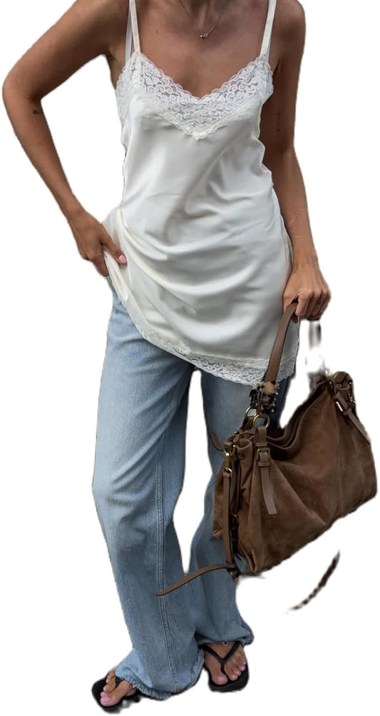 Women Satin Lace Camisole Top Sleeveless Spaghetti Strap Silk Lace Trim Cami Top Asymmetrical Tank Top Streewear