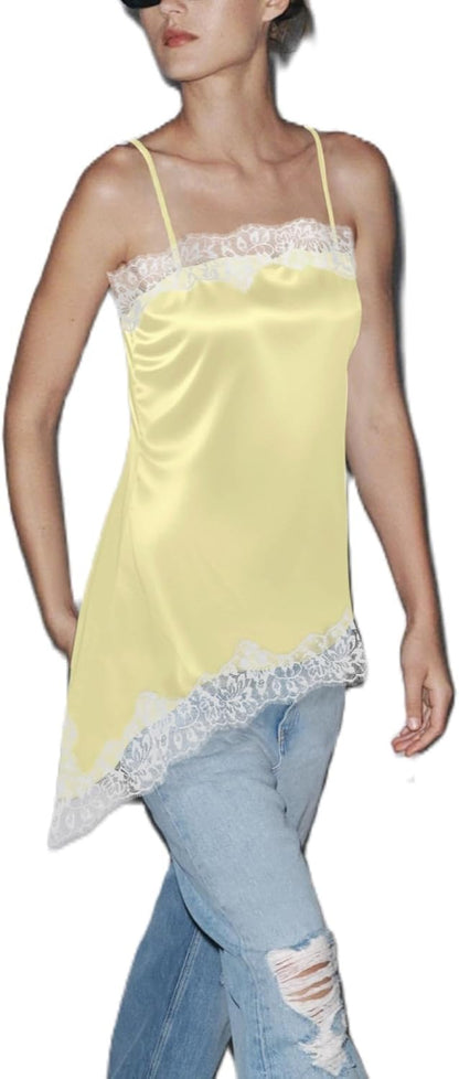 Women Satin Lace Camisole Top Sleeveless Spaghetti Strap Silk Lace Trim Cami Top Asymmetrical Tank Top Streewear