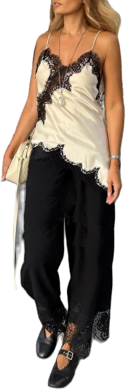 Women Satin Lace Camisole Top Sleeveless Spaghetti Strap Silk Lace Trim Cami Top Asymmetrical Tank Top Streewear