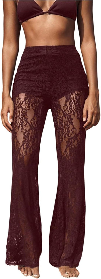 Women's Floral Lace Sheer Mesh Flare Pants Elastic High Waisted Long Trousers