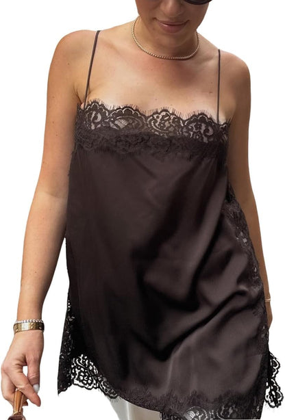 Women Satin Lace Camisole Top Sleeveless Spaghetti Strap Silk Lace Trim Cami Top Asymmetrical Tank Top Streewear