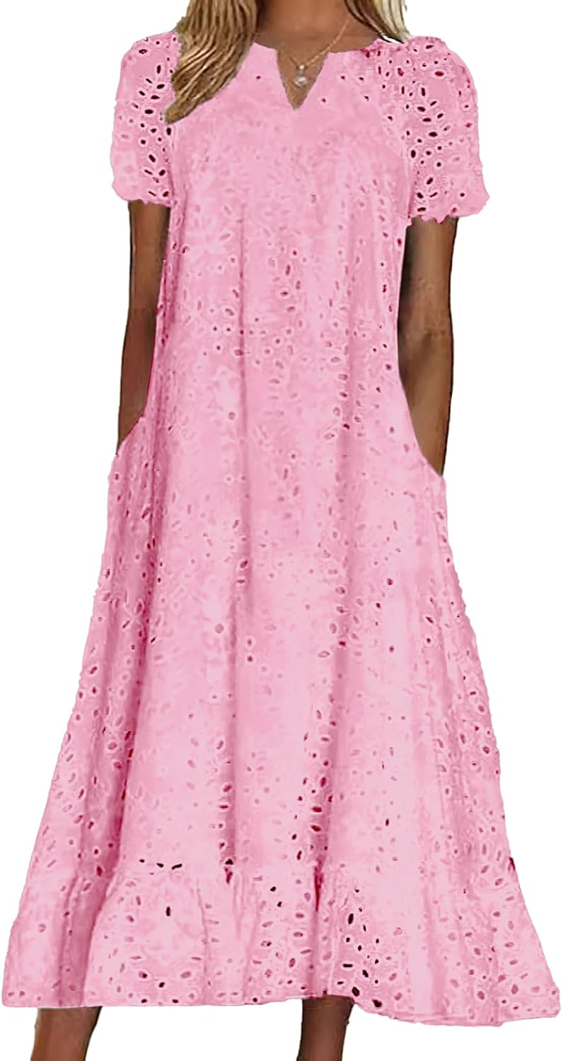 chouyatou Women Summer Ruffle Hem Floral Lace Eyelet Dress Casual Notch Neck Midi Tunic Dress with Pocket