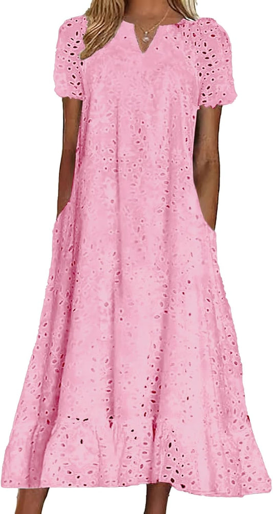 chouyatou Women Summer Ruffle Hem Floral Lace Eyelet Dress Casual Notch Neck Midi Tunic Dress with Pocket