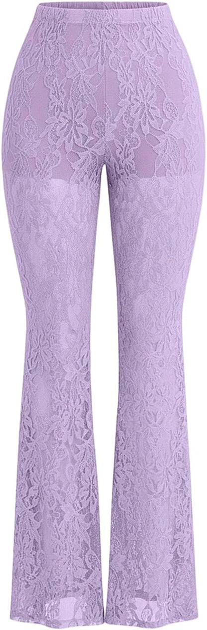 Women's Floral Lace Sheer Mesh Flare Pants Elastic High Waisted Long Trousers