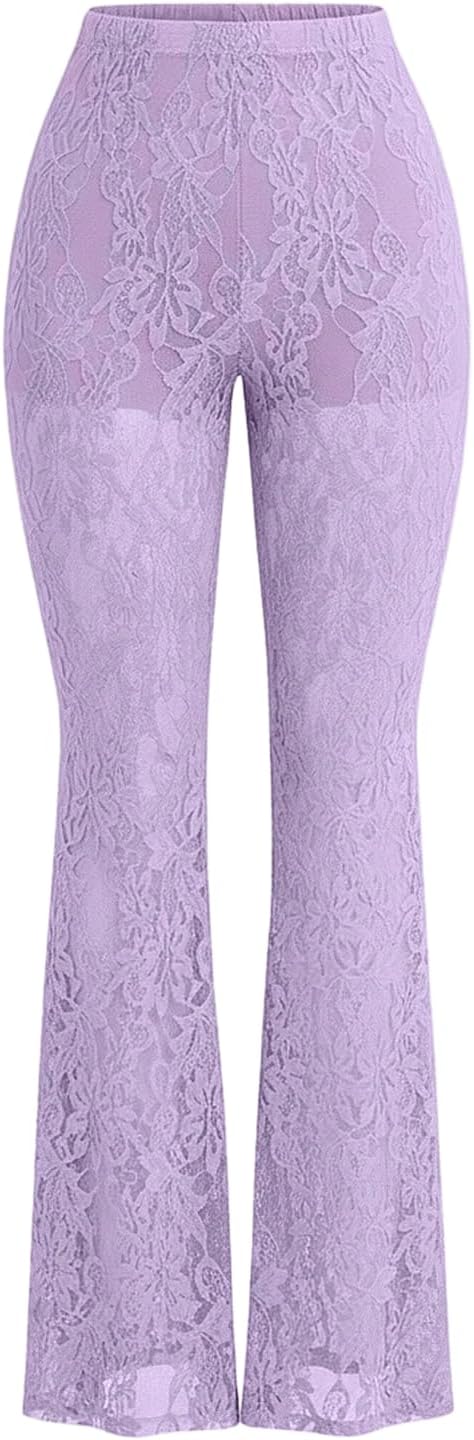 Women's Floral Lace Sheer Mesh Flare Pants Elastic High Waisted Long Trousers