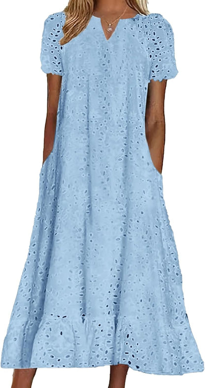 chouyatou Women Summer Ruffle Hem Floral Lace Eyelet Dress Casual Notch Neck Midi Tunic Dress with Pocket