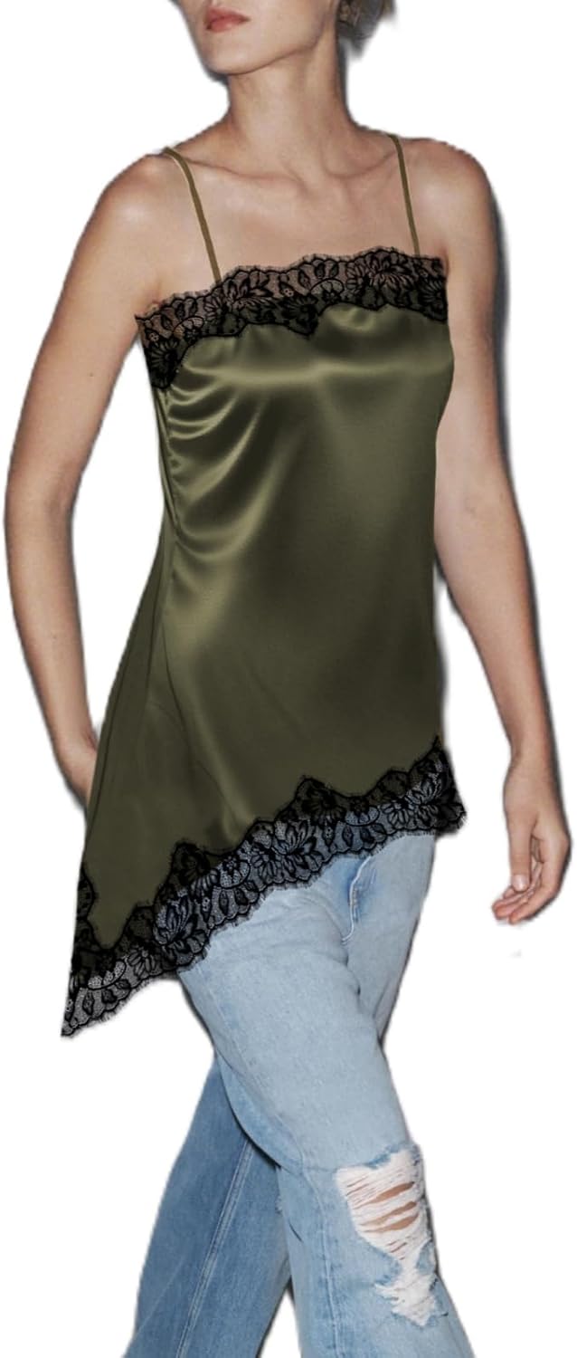 Women Satin Lace Camisole Top Sleeveless Spaghetti Strap Silk Lace Trim Cami Top Asymmetrical Tank Top Streewear