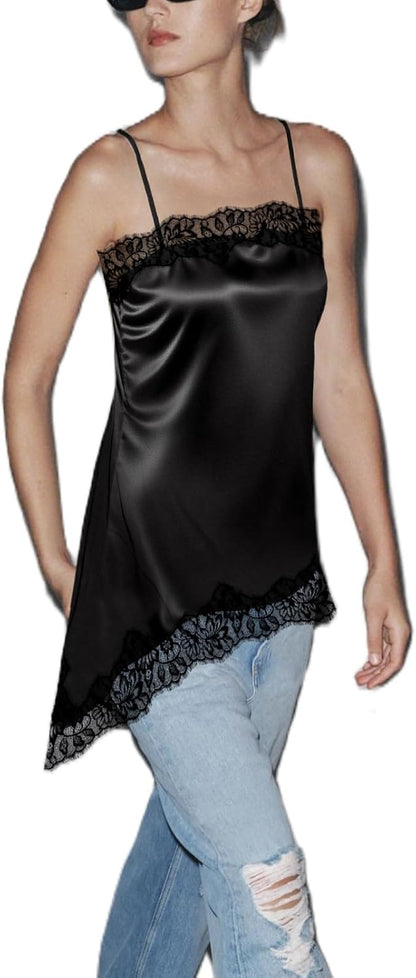 Women Satin Lace Camisole Top Sleeveless Spaghetti Strap Silk Lace Trim Cami Top Asymmetrical Tank Top Streewear