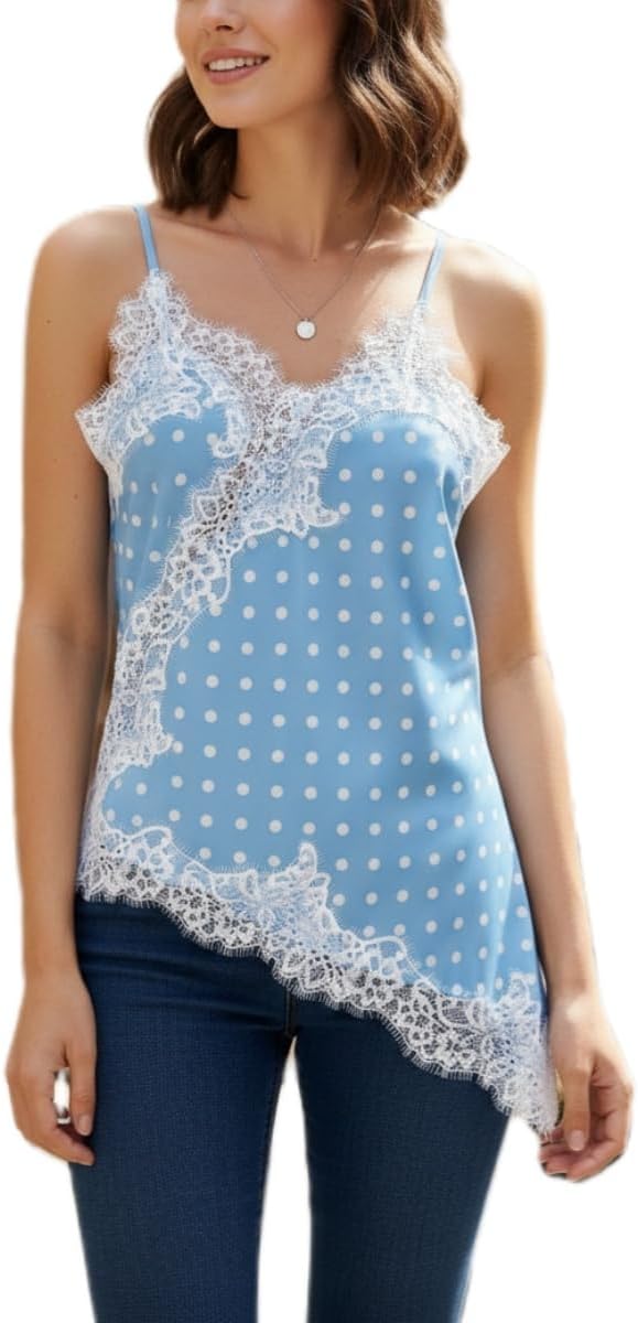 Women Satin Lace Camisole Top Sleeveless Spaghetti Strap Silk Lace Trim Cami Top Asymmetrical Tank Top Streewear