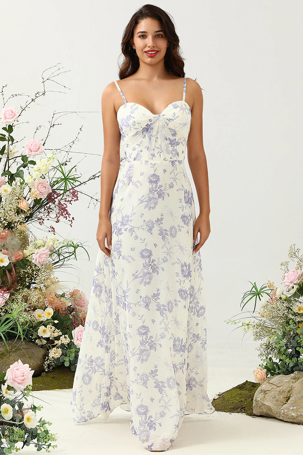 Spaghetti Straps Blue Floral Long Bridesmaid Dress