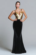 Sparkly Gold and Black Mermaid Velvet Long Holiday Party Dress with Sequins