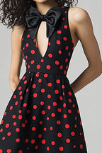 Satin Black and Red A Line Midi Polka Dot Dress with Bow
