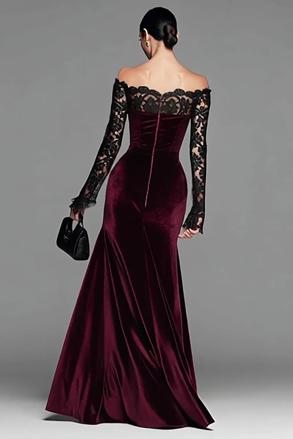 Burgundy Velvet Mermaid Long Sleeves Holiday Party Dress with Lace
