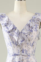 Blush Purple Flower Boho Chiffon Bridesmaid Dress