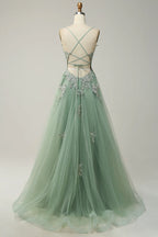 A Line Spaghetti Straps Grey Blue Long Prom Dress with Appliques
