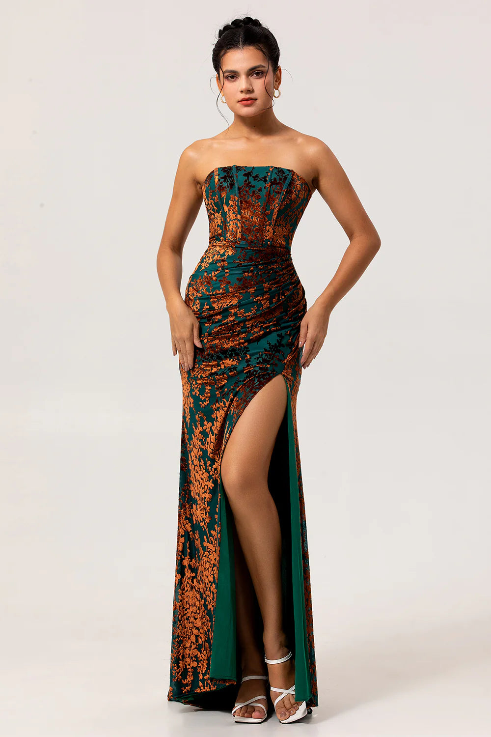 Peacock Green Velvet Mermaid Corset Long Wedding Guest Dress with Slit