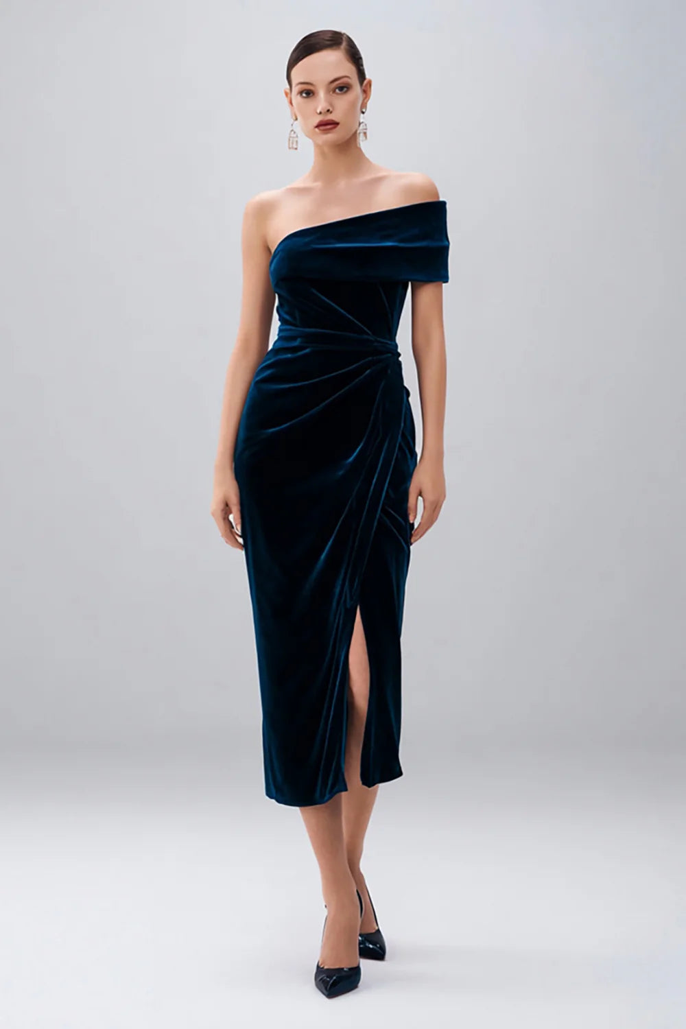 Navy Velvet Sheath Midi Holiday Party Dress with Slit