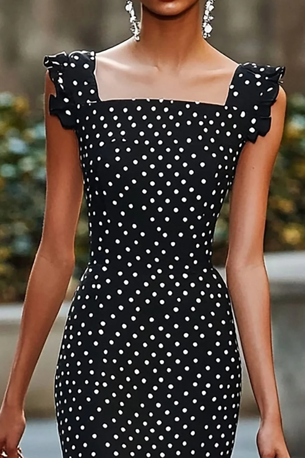 Chiffon Mermaid Boho Black and White Maxi Polka Dot Dress with Ruffles