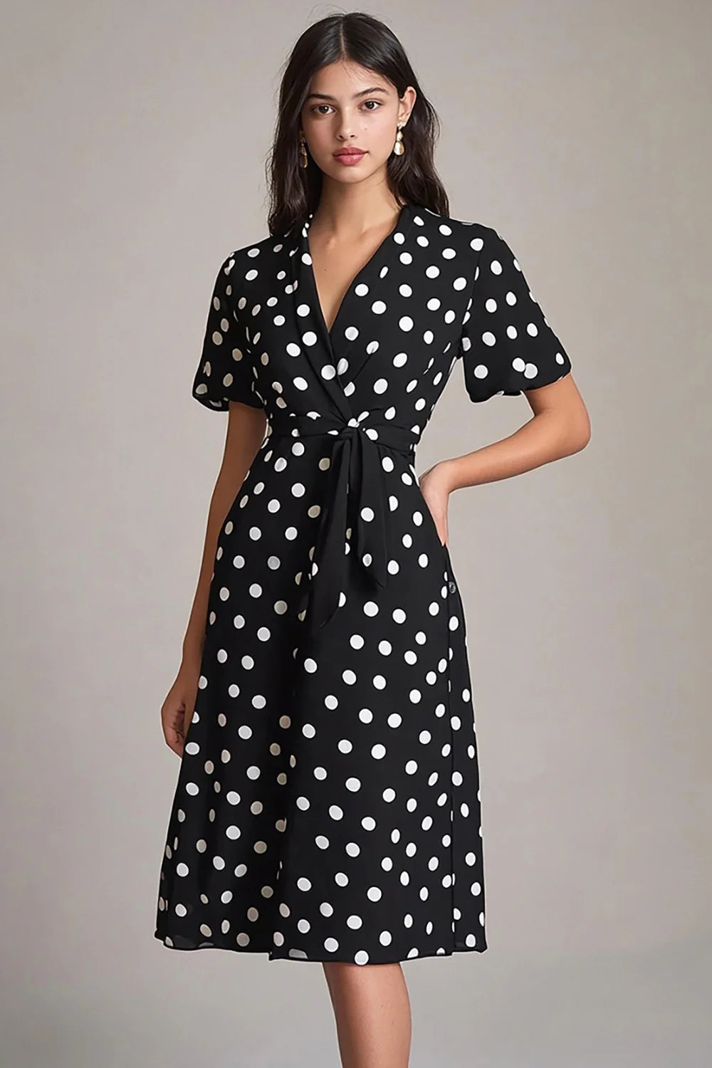 Satin Black and White Midi A Line Polka Dot Dress with Sleeves