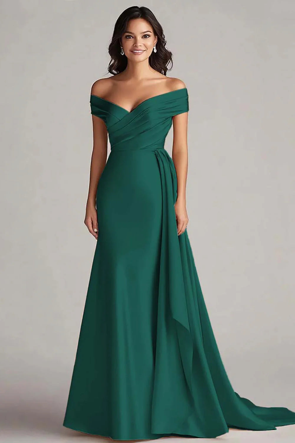Champagne Satin Off the Shoulder Mermaid Long Formal Dress