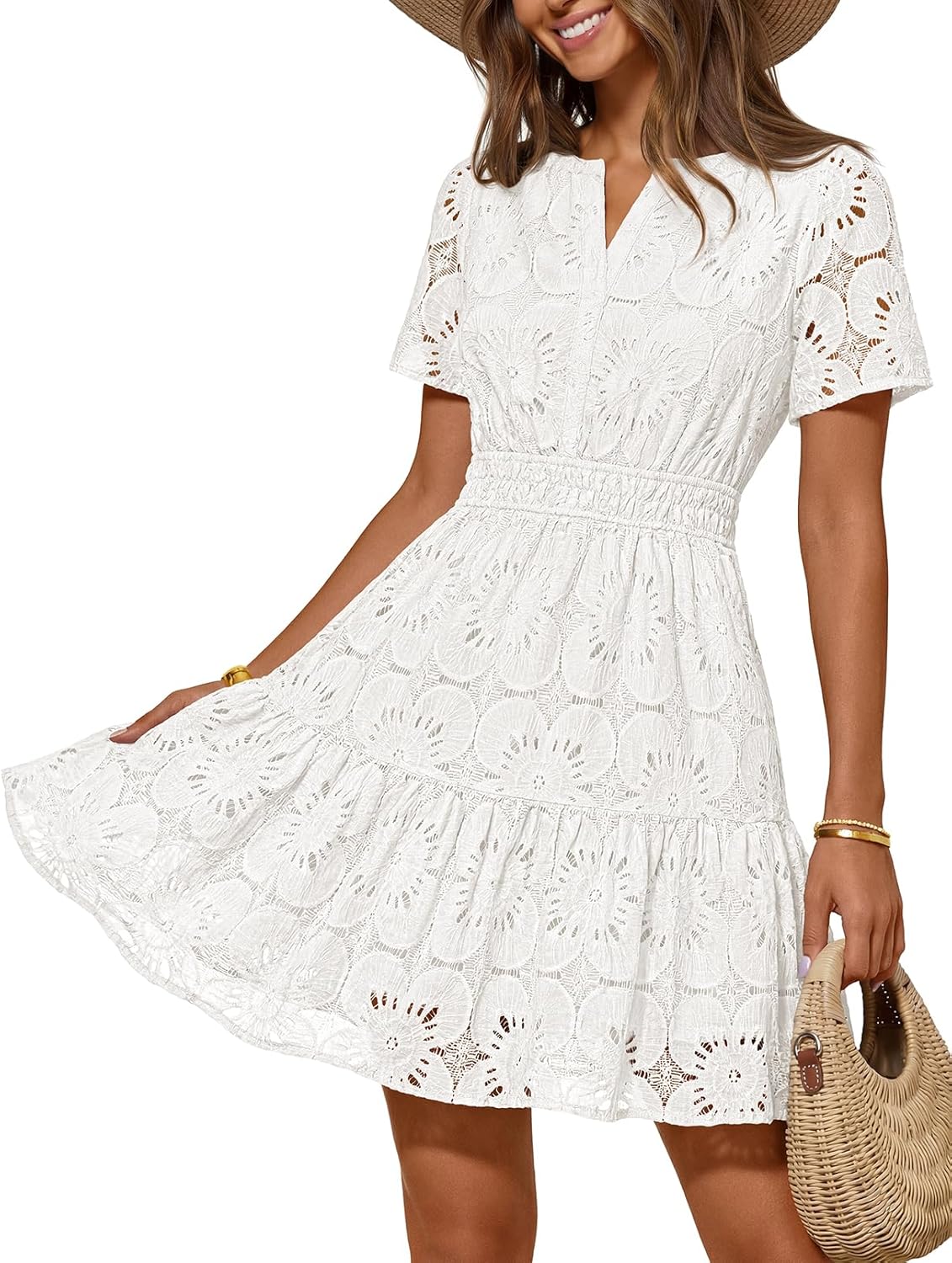 MEROKEETY Women's Spring Summer Lace Boho Dress 2026 Short Sleeve Eyelet Floral Ruffle A Line Vacation Beach Mini Dresses