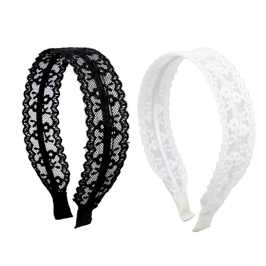 2 Packs Lace Headbands for Women and Girls, Vintage Floral Embroidered Head Bands Fashion Lace Hairbands Boho Hairhoops Hair Accessories
