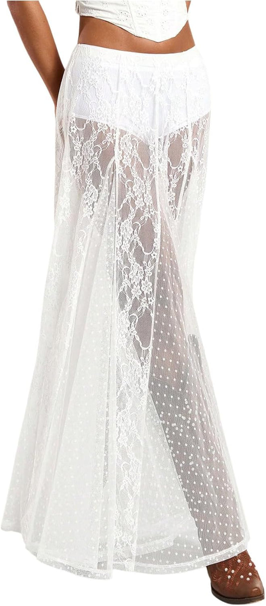 MakeMeChic Women's Lace Sheer Maxi Skirts Floral Polka Dots A Line Ruffle Boho Goth Long Skirts