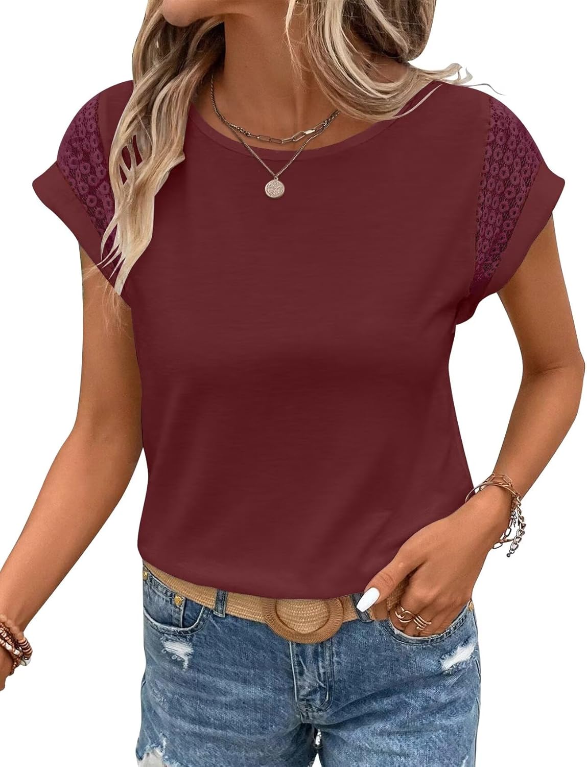Bliwov Womens Tops Lace Cap Sleeve T Shirts,Cute Trendy Casual,Beach Vacation Outfits,Summer Spring Fashion Clothes