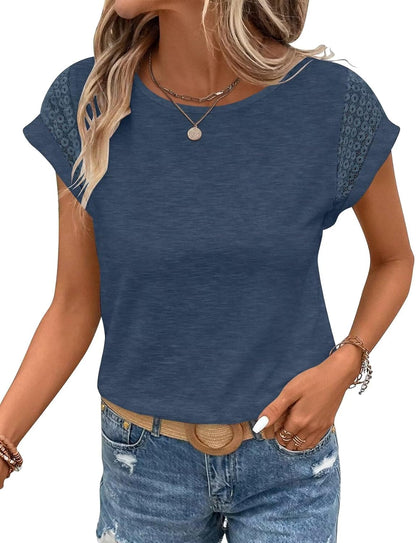 Bliwov Womens Tops Lace Cap Sleeve T Shirts,Cute Trendy Casual,Beach Vacation Outfits,Summer Spring Fashion Clothes