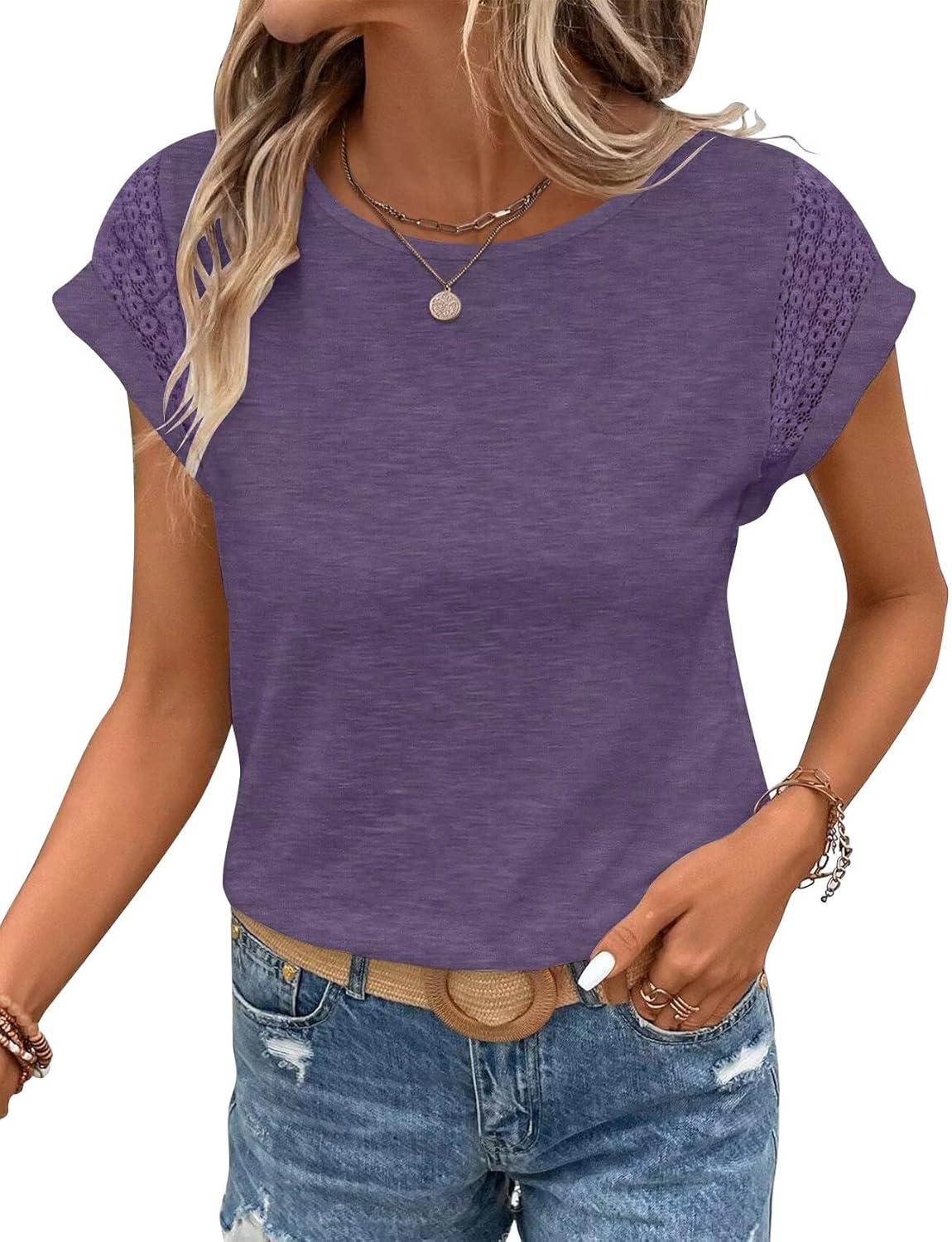 Bliwov Womens Tops Lace Cap Sleeve T Shirts,Cute Trendy Casual,Beach Vacation Outfits,Summer Spring Fashion Clothes