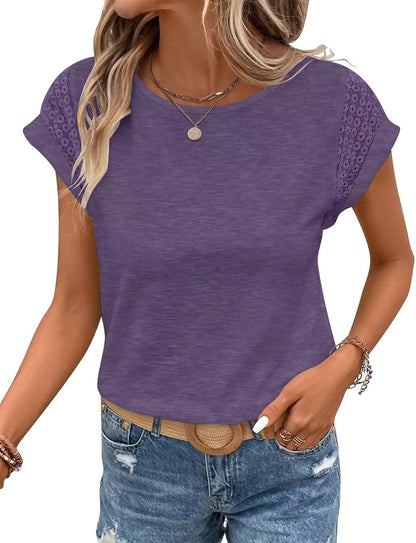 Bliwov Womens Tops Lace Cap Sleeve T Shirts,Cute Trendy Casual,Beach Vacation Outfits,Summer Spring Fashion Clothes