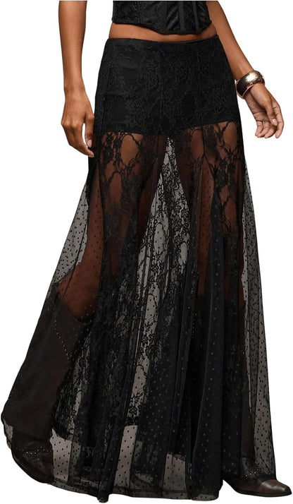 MakeMeChic Women's Lace Sheer Maxi Skirts Floral Polka Dots A Line Ruffle Boho Goth Long Skirts
